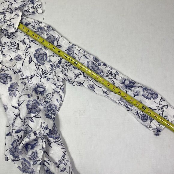 Cynthia Rowley Linen Blouse Top L Blue White Floral Roll Tab Sleeves Art to Wear - Picture 11 of 11